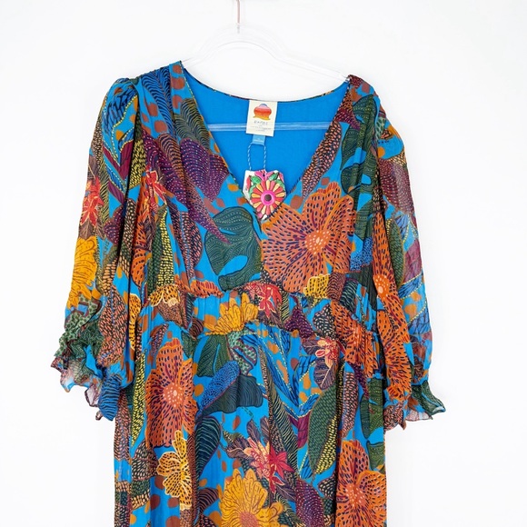 Anthropologie Farm Rio Puff Sleeve Multi Color Blue Floral Maxi Dress, XL NWT - Picture 8 of 16
